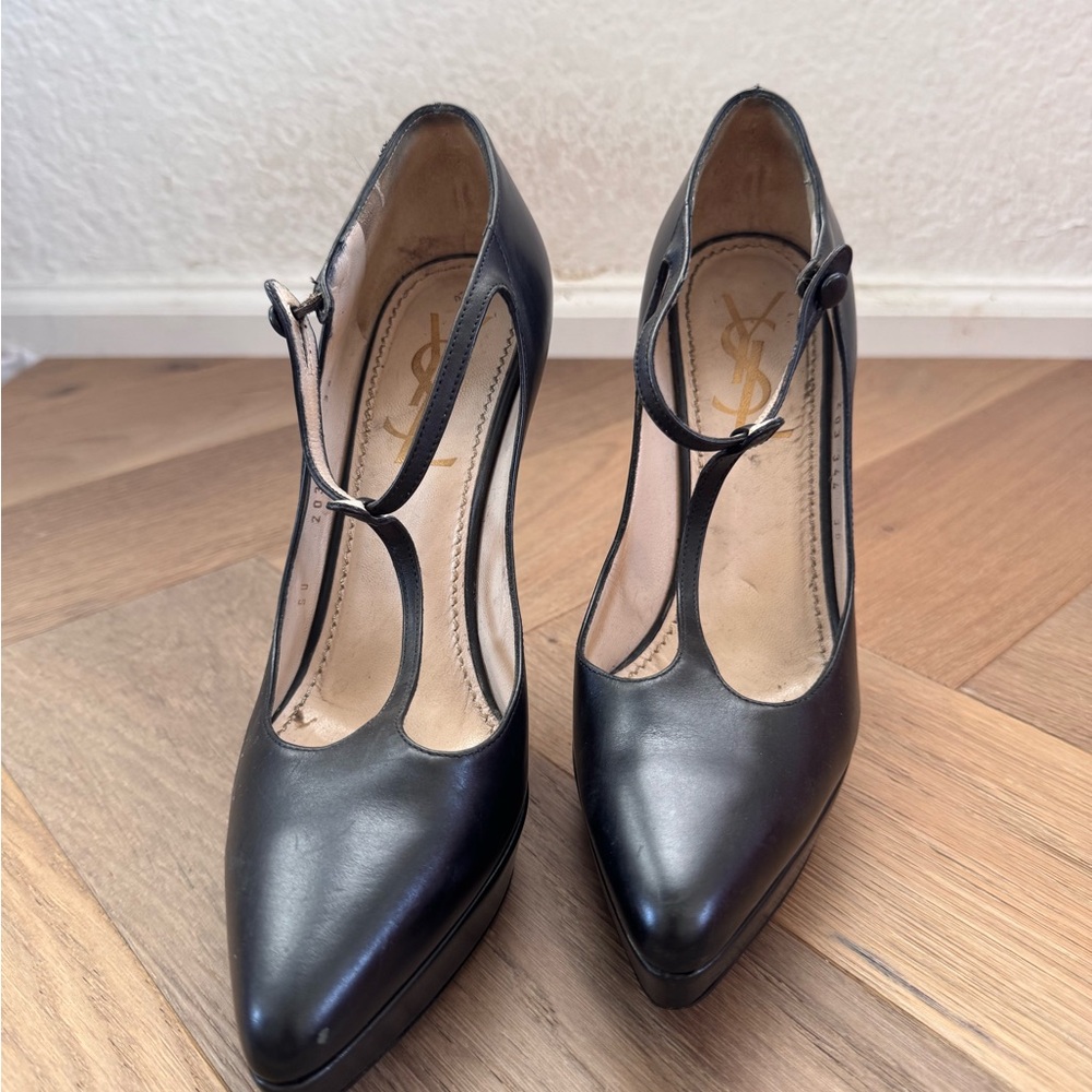 Yves Saint Laurent Black T-Strap Heels